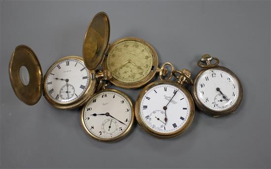 A gold plated hunter and four other pocket watches.